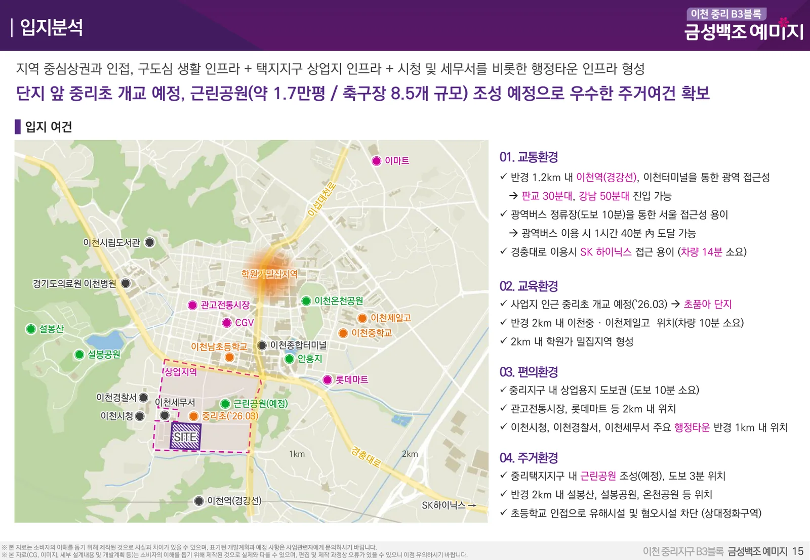 이천 중리 B3블록 금성백조 예미지 입지분석도 — 반경 1km·2km 주요 시설