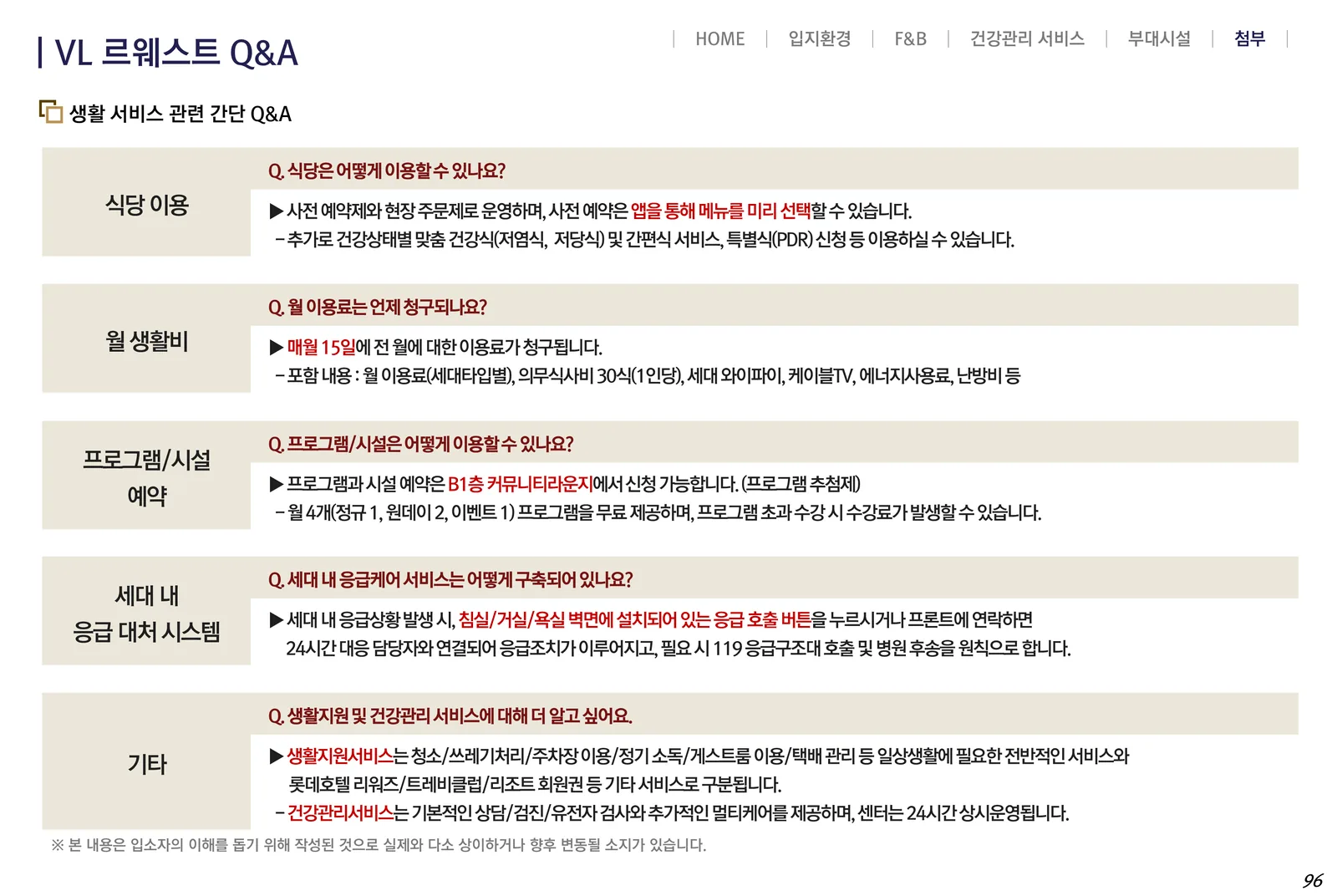 VL 르웨스트 생활 서비스 Q&A — 식당 이용, 월 이용료 청구, 프로그램 예약, 응급 대처